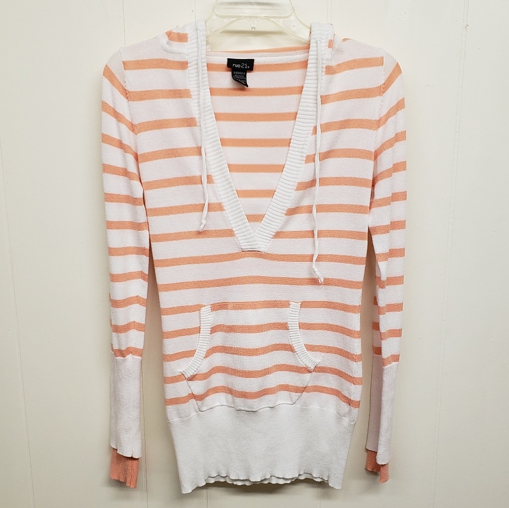 3/$20! Like New! Peach & White Striped Hoodie